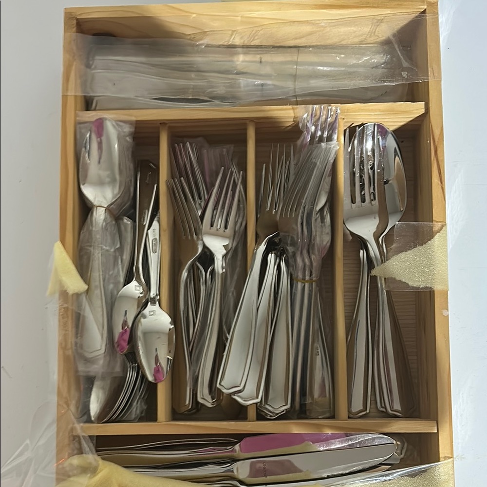 Elegant Silver Flatware Set in Wooden Organizer